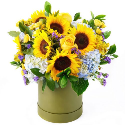 Цветы в шляпной коробке «Солнечный блеск»