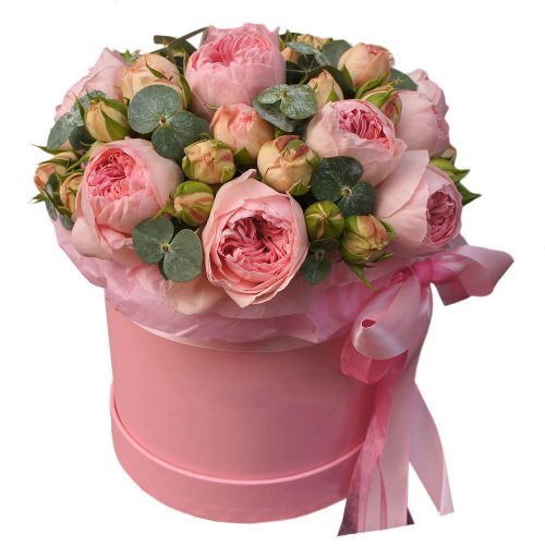 Цветы в шляпной коробке «Розовый вихрь»