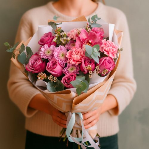 Флористический букет «Розовая статуя»